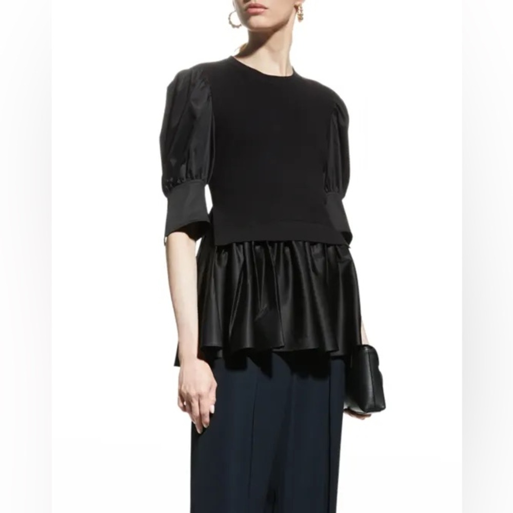 ADEAM Black Knit Peplum Top Puff Sleeve Blouse Size S | Made in Japan